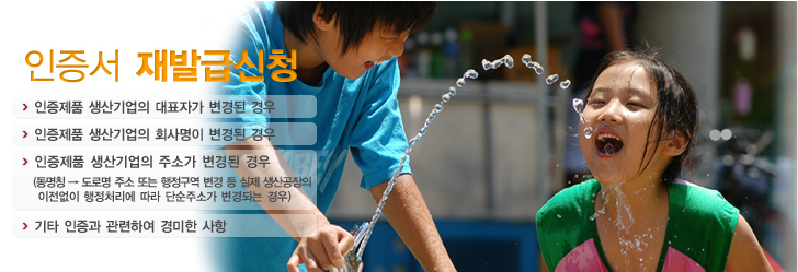 인증서 재발급신청 - 인증제품 생산기업의 대표자가 변경된 경우, 인증제품 생산기업의 회사명이 변경된 경우, 인증제품 생산기업의 주소가 변경된 경우(동명칭 → 도로명 주소 또는 행정구역 변경 등 실제 생산공장의 이전없이 행정처리에 따라 단순주소가 변경되는 경우), 기타 인증과 관련하여 경미한 사항